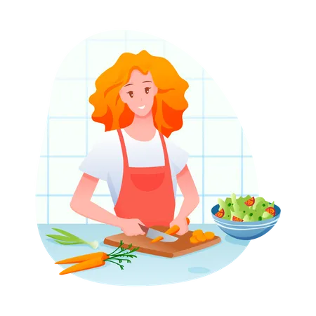 Mujer cortando vegetales en la cocina  Ilustración