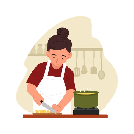 Mujer cortando verduras para cocinar  Ilustración