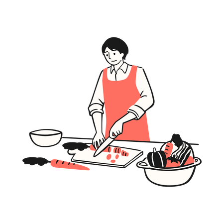 Mujer cortando verduras y preparando un plato saludable  Ilustración