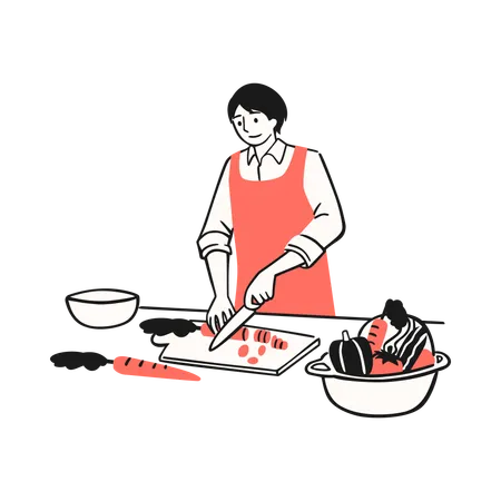 Mujer cortando verduras y preparando un plato saludable  Ilustración