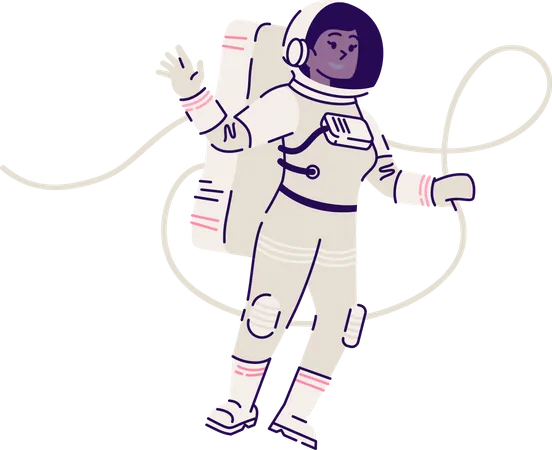 Cosmonauta Femenina En Traje Espacial Flotante Ilustracion Vectorial Plana Astronauta Explorador Espacial En Traje Espacial Volando En Gravedad Cero Y Agitando Personajes De Dibujos Animados Aislados Sobre Fondo Blanco Mision Cosmica Ilustración