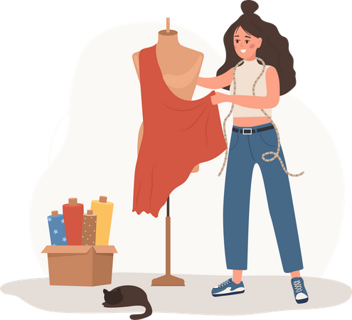 Mujer costurera tomando medidas de maniquí  Ilustración