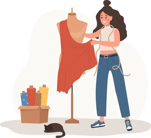 Mujer costurera tomando medidas de maniquí  Ilustración