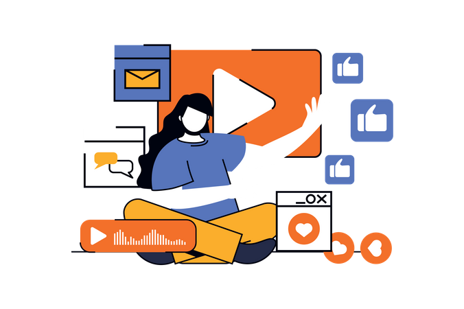 Mujer creando contenido de vídeo para blog en línea  Ilustración