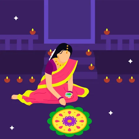 Mujer creando rangoli en Diwali  Ilustración