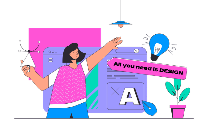 Mujer creando una interfaz de estructura alámbrica y una página de inicio responsiva  Illustration