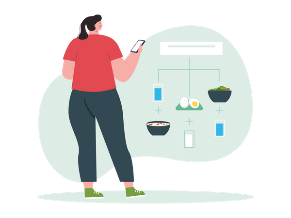 Mujer creando una rutina de dieta usando una aplicación móvil  Ilustración