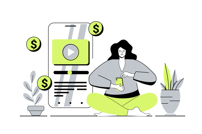 Mujer creando y publicando nuevo contenido de video con promoción empresarial.  Illustration