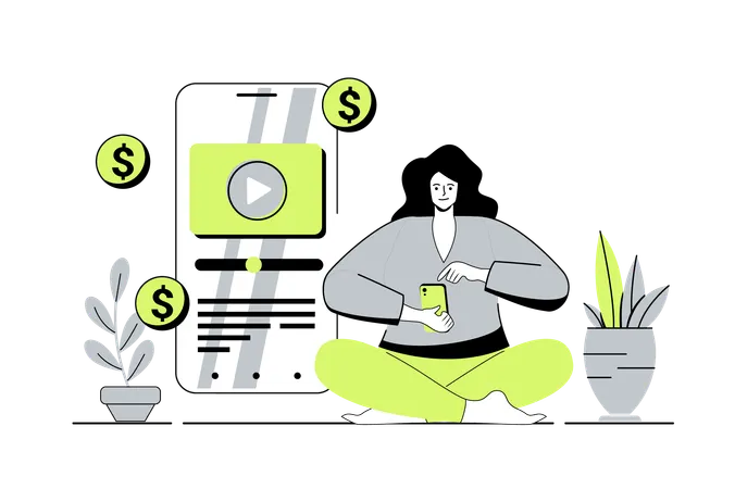 Mujer creando y publicando nuevo contenido de video con promoción empresarial.  Illustration