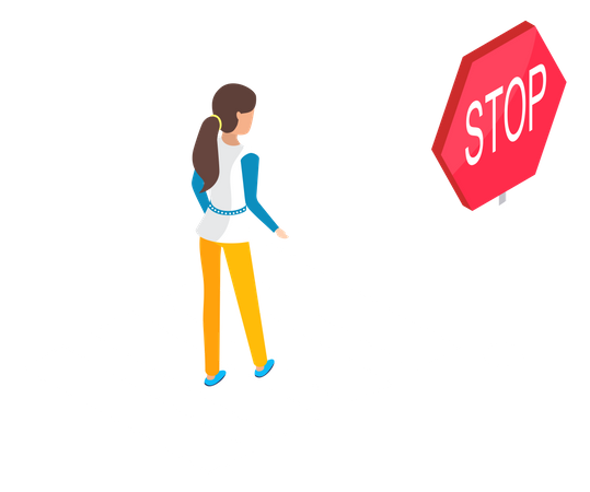 Mujer cruzando la calle cerca de la señal de stop  Ilustración