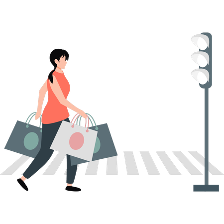 Mujer cruzando la calle con bolsas  Illustration