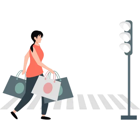 Mujer cruzando la calle con bolsas  Illustration