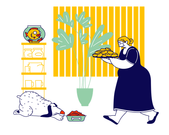 Cuidadora llevando una bandeja con un montón de pasteles frescos  Ilustración