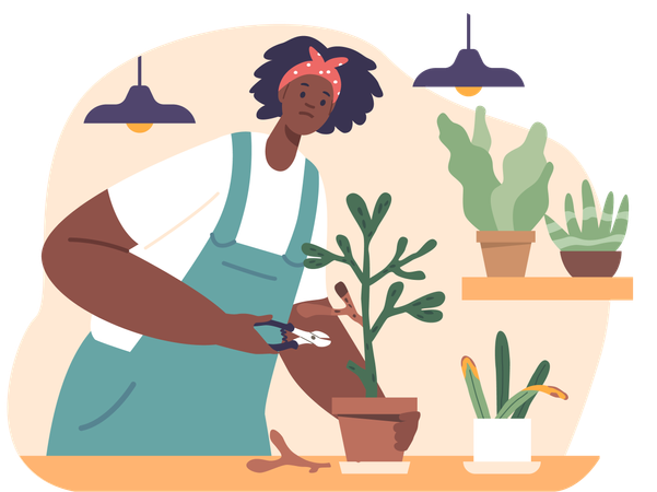 Una mujer cariñosa revive las plantas marchitas con una poda suave  Ilustración