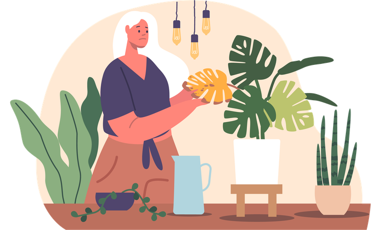 Una mujer cariñosa revive las plantas marchitas con un riego suave  Ilustración