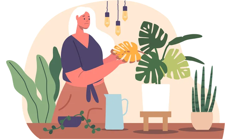 Una mujer cariñosa revive las plantas marchitas con un riego suave  Ilustración