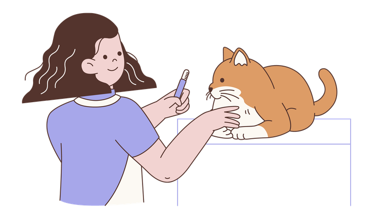 Mujer cuidando a su gato  Ilustración