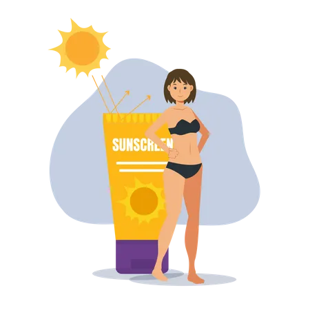 Mujer cuidando la piel aplicando protector solar.  Ilustración