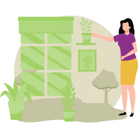 Mujer cuidando plantas.  Ilustración