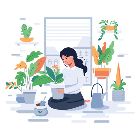 Mujer cuidando plantas en maceta.  Ilustración