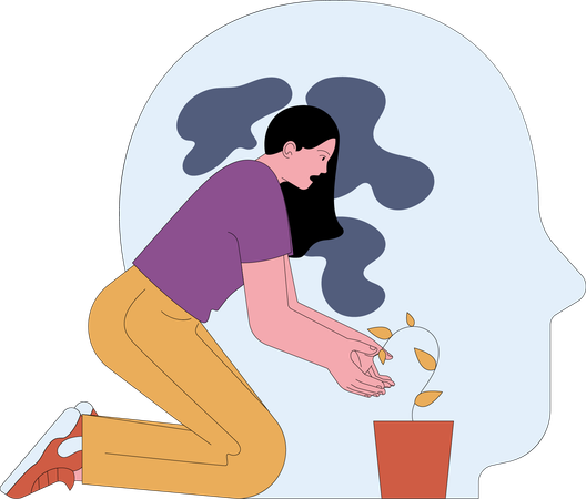 Mujer cultiva plantas para la paz mental  Ilustración