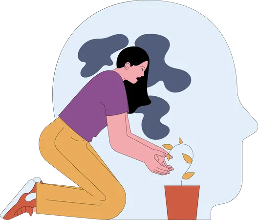 Mujer cultiva plantas para la paz mental  Ilustración