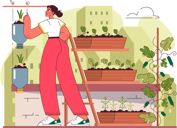 Mujer cultivando plantas de interior  Ilustración