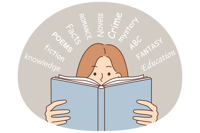 Mujer curiosa leyendo un libro que desea adquirir nuevos conocimientos de la literatura educativa.  Ilustración