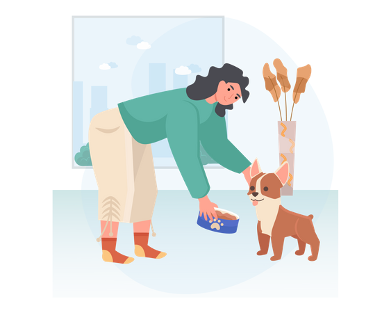 Mujer dando de comer a su perro  Ilustración