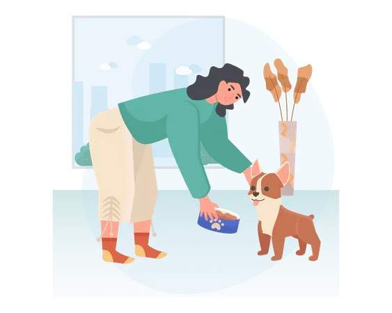 Mujer dando de comer a su perro  Ilustración