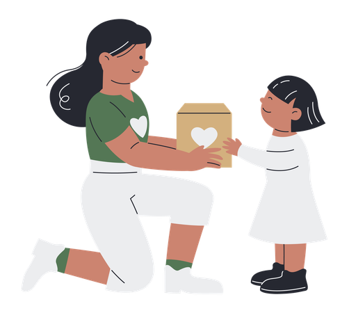 Mujer dando caja de donación a niño huérfano.  Ilustración