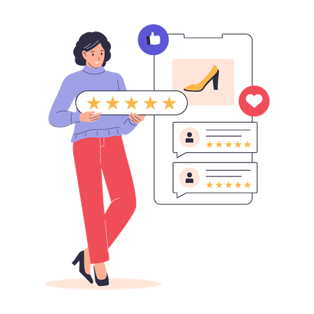 Mujer dando calificación de zapatos en línea  Illustration