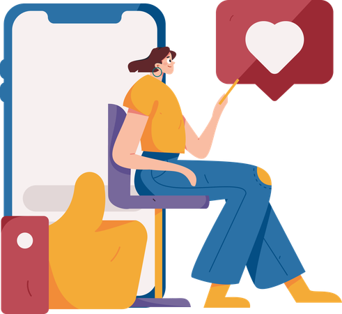 Mujer dando comentarios sobre el móvil  Ilustración
