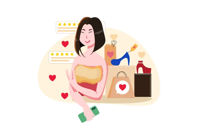 Mujer dando reseña de compras en línea  Ilustración