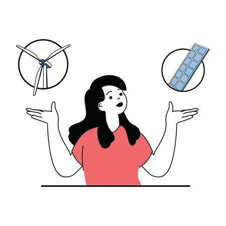 Mujer dando conocimientos sobre energía solar y eólica.  Illustration