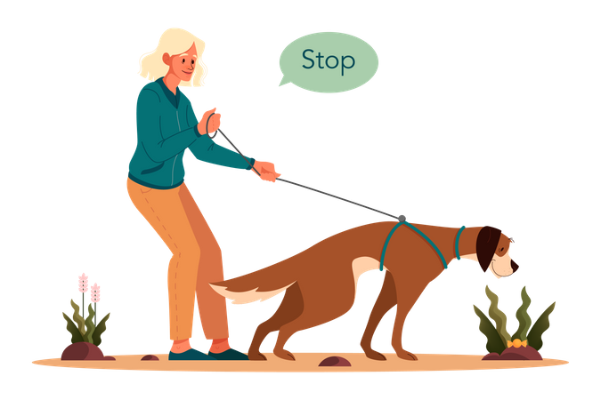 Mujer dando orden de pare al perro  Ilustración