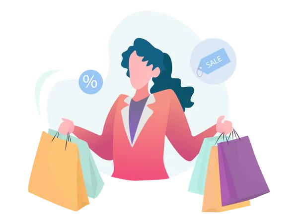 Mujer de compras durante gran venta  Ilustración