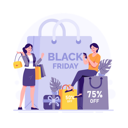 Mujer de compras el viernes negro  Ilustración