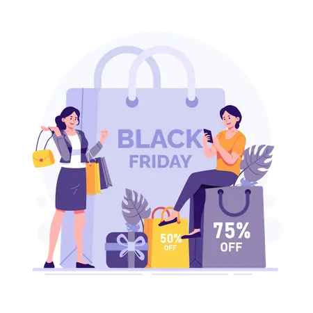 Mujer de compras el viernes negro  Ilustración