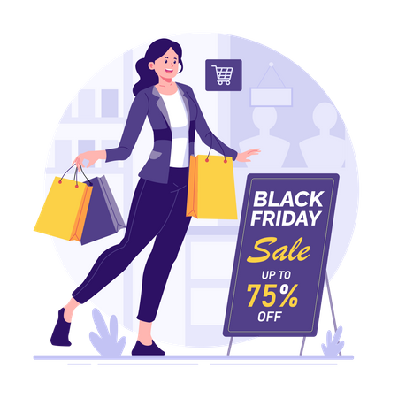 Mujer de compras el viernes negro  Ilustración