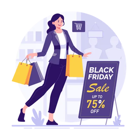 Mujer de compras el viernes negro  Ilustración