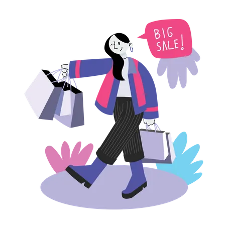 Mujer de compras en gran venta  Ilustración