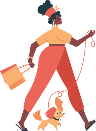 Mujer, compras, carácter, con, mascota  Ilustración
