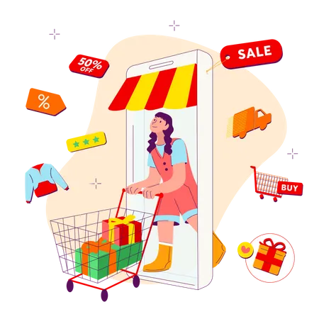 Mujer de compras mediante aplicación móvil  Ilustración