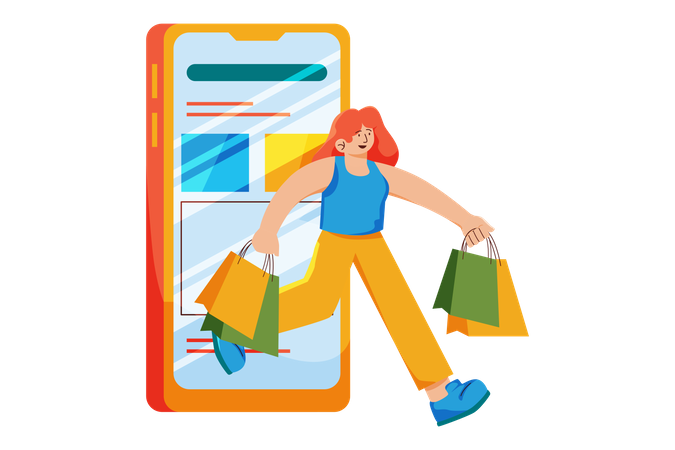 Mujer de compras mediante aplicación móvil  Ilustración