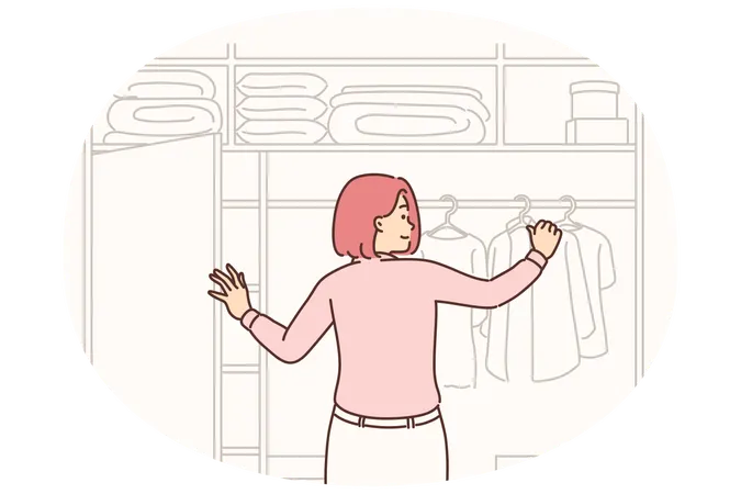 Una mujer está de espaldas a la pantalla cerca de un gran armario y elige su atuendo para ir a trabajar.  Ilustración