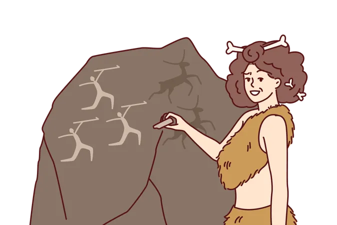 Mujer de las cavernas primitiva dibujando sobre piedra  Ilustración