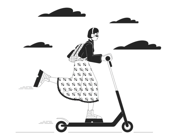 Mujer de moda coreana montando scooter eléctrico  Ilustración