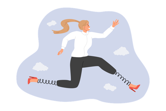 Una ambiciosa mujer de negocios se esfuerza por alcanzar sus objetivos y salta alto usando resortes en lugar de piernas  Ilustración