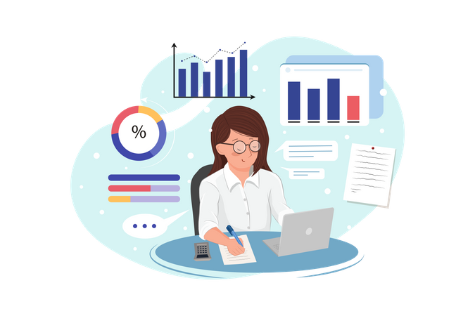 Mujer de negocios analiza datos y elabora informe contable  Ilustración